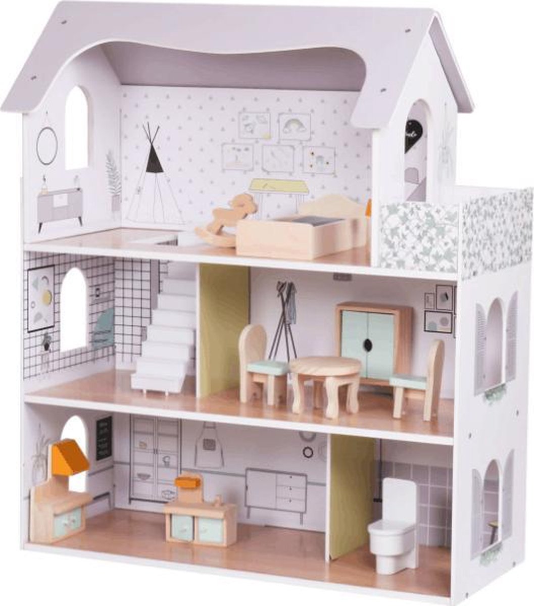 Rijoka Houten Poppenhuis | Meubelset 10pcs | 62 x 27 x 70cm